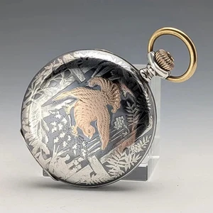 Antique Brauswetter Janos Pocket Watch Niello Silver Case Hungary 49mm RARE - Picture 1 of 10