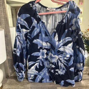 Top de gasa Tommy Bahama Island para mujer M azul floral manga globo Beach Resort - Imagen 1 de 5