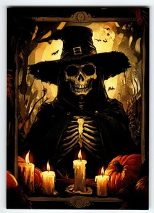 Postal de bruja esqueleto de Halloween vintage con velas y calabazas - Imagen 1 de 2