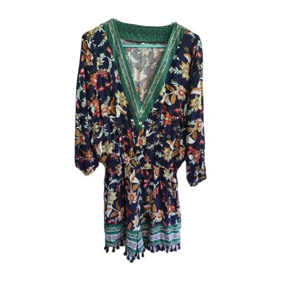 Boho Jumpsuit Romper Size L Green Navy Floral   3/4 Sleeves Tassels Feminine  - Image 1 of 4