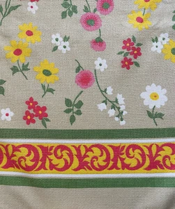 4 Yds Vintage 70er Jahre Blumen mit Bordüre Stoff Baumwolle rosa gelb grün Gänseblümchen 145x45" - Bild 1 von 10