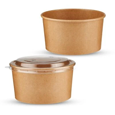 CHEF ROYALE 10x 750ml Kraft Salad Paper Bowls with Lids - Disposable Takeaway B