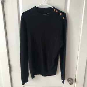 Trovata Men's Cashmere Sweater size L Shoulder Button Black Elbow Patch
