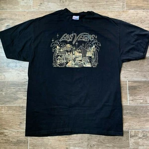 VINTAGE 80s 90s LAS VEGAS NEVADA MAP TOURIST SOFT BLACK BUBBLE GLITTER SHIRT - Picture 1 of 9