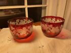 2 Antique Bohemian Stained Ruby Red Etched Grapes/Leaves Bowls 1920-40's 