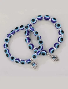 2pcs/set Evil Eye Detail Hamsa Hand Charm Beaded Bracelet - Picture 1 of 6