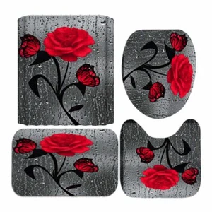 Rose Flower Butterfly Shower Curtain Bath Mat Toilet Seat Cover Rug 3 4pcs/set - Picture 1 of 26