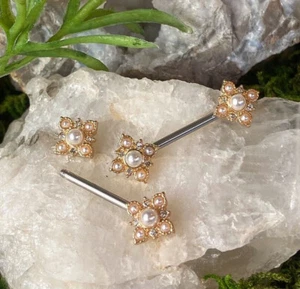 PAIR Pearl & Crystal Paved Flower Ends Nipple Rings Shields Vintage Barbells - Picture 1 of 5