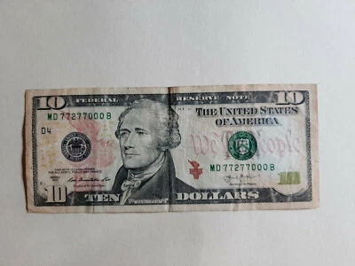 2013 $10 NOTE BILL with FANCY SERIAL NUMBER MD77277000B - Image 1 of 3