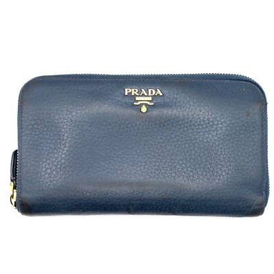Cartera Larga Prada Saffiano Cuero Cremallera Alrededor Azul Auténtica de JAPÓN Foto 1 de 4
