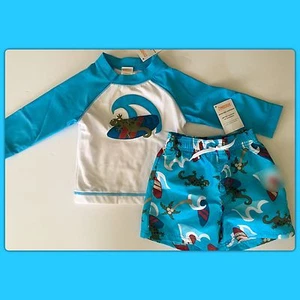 NWT 18-24 Gymboree SWIM SHOP 2pc Set Turquoise RASH GUARD TOP & Swimming TRUNKS - Picture 1 of 3