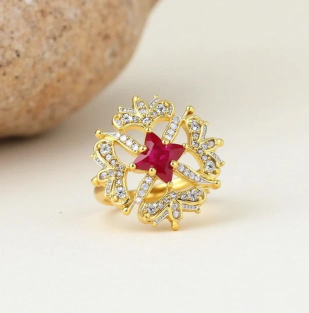 Dainty Ruby with Moissanite Ring 18k Gold Plated Unique Design Christmas Gift - Image 1 of 4