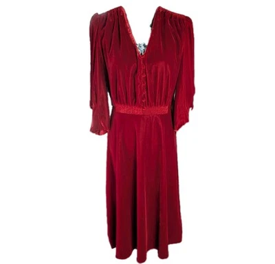 New W Tags Ralph Lauren Red Velvet Maxi Dress Peasant Sz 14 Smocked Cottagecore - Image 1 of 4