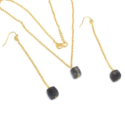 Conjunto de joyas de rutilo negro cubo enchapado en oro para mujer pendientes collar p299 Foto 1 de 4