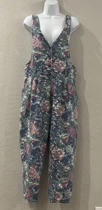 VTG 1980's Floral Print Overalls Jumpsuit Open Front Pleated Waist Buttons 13 - Picture 1 of 14