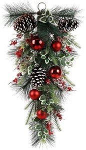 Christmas Teardrop Swag 28in w/ Pinecones Berries Red Ornaments Indoor Outdoor - Picture 1 of 7