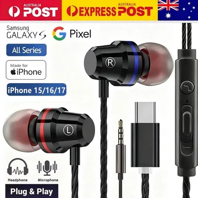 Wired USB C Earphones Headphones Type C 3.5mm Jack iPhone 17 16 15 Samsung S25 - image 1 of 4