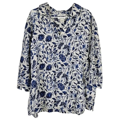 Blusa Popover Rachel Zoe 1X Lino Blanco Azul Floral Ranura Cuello en V Manga 3/4 Foto 1 de 4