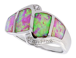 Fine Women Silver Rhodium Plated Pink Simulated Opal Ring CZ stone Accents 14mm - Picture 1 of 1