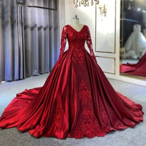 Red Satin Wedding Dresses V Neck Long Sleeve Lace Applique Backless Bridal Gowns - Picture 1 of 12