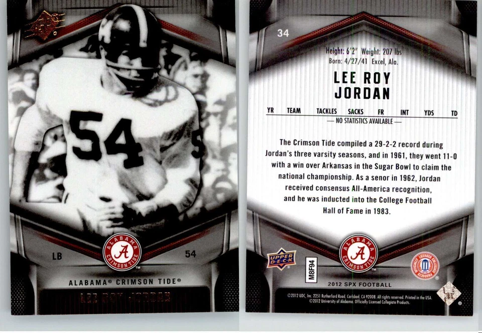Lee Roy Jordan 2012 SPx Football #34 Alabama Crimson Tide - Image 1 of 1