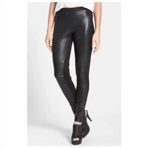 Eileen Fisher NWT S Viscose Stretch Ponte w Leather Blocked Leggings Black $398