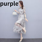 Women Chiffon Long Dress Tulle Voile Swing Floral Tie Neck Lace Up Tunic Elegant