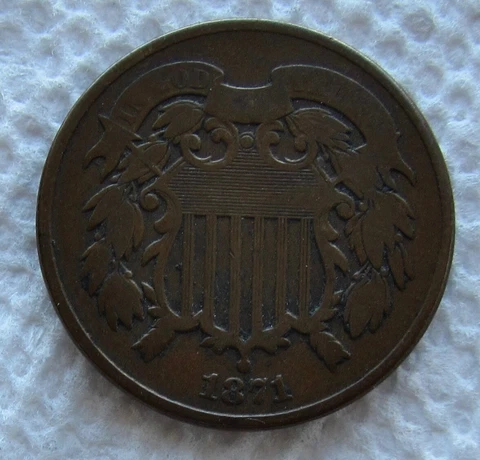 1871 2 Cent Piece Rare Semi Key Date Chocolate Brown VF / XF Cover