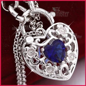 9K WHITE GOLD GF BLUE QUARTZ SAPPHIRE BELCHER HEART PADLOCK BANGLE BRACELET GIFT - Picture 1 of 5