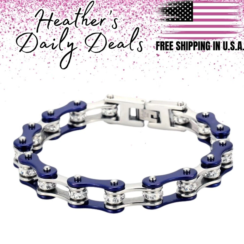 Pulsera Acero Inoxidable Cadena Bicicleta Motocicleta Motociclista Tobillo Cristal Azul  Foto 1 de 1