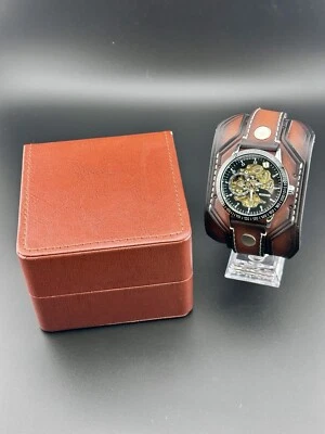 Working Winner Skeleton Automatic Mens Watch Exhibition Back Leather Band W/Box - Image 1 of 4