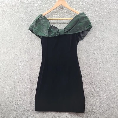 Vintage Laura Ashley Dress Velvet Off the Shoulder US SZ 10 Black Green Taffeta  - Image 1 of 4