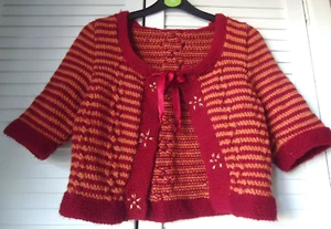 Burgandy & Orange Striped Short Sleeved Cropped Aran Cardigan Size S - Picture 1 of 5