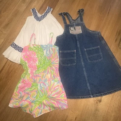 Lote 3 Niñas Talla 6 Polo Ralph Lauren Denim Vestido Bandera Lilly Pulitzer Mameluco Foto 1 de 4