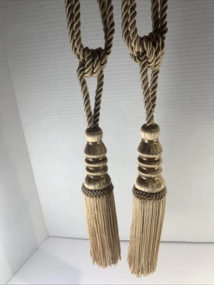 优雅 Lg 米色法国乡村领带背面 2 ~ 流苏窗帘 ~ 23 英寸环形 — 第 1/4 张图片