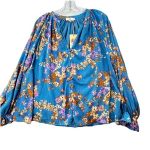 New! ENTRO Top Womens Size Medium Blue Floral Print Ruffle Sleeve Boho Prairie - Picture 1 of 12