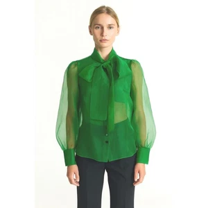 ZARA Green Sheer Organza Blouse Tie Neck Long Sleeve L Soft Femininity  93-05 - Picture 1 of 15