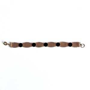 Vintage Gold-Tone Mesh Bracelet with bezel set black glass round accents - Picture 1 of 8