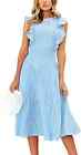 ECOWISH Womens Dresses Elegant Ruffles Cap Sleeves Summer A-Line Midi Dress