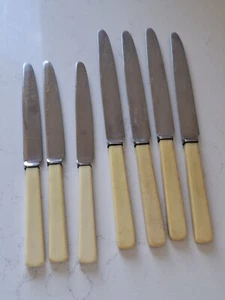 Vintage Faux Bone Celluloid  Handle Dinner Knives 7 Stainless Walker Hall Mixed - Picture 1 of 8
