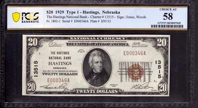 1929 $20 HASTINGS NATIONAL BANK NOTE CURRENCY NEBRASKA PCGS B CHOICE AU 58 - Image 1 of 4