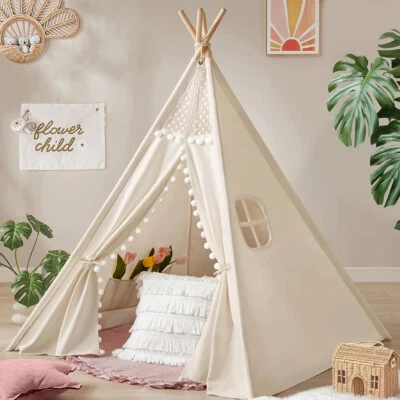 160CM Large Canvas Kids Teepee Star Wood Indian Tent Child In/Outdoor Play House - Image 1 of 4