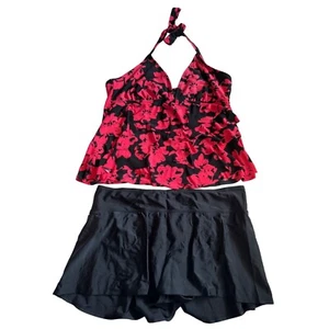 Ava & Viv Womens Swimsuit Sz XL Plus Pink/Black Floral Tankini Top Skort Bottom - Picture 1 of 14