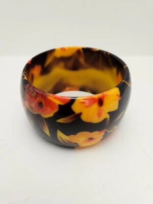 Retro Plastic Lucite Chocolate Brown Orange Yellow Floral Chunky Bangle Bracelet - Image 1 of 4