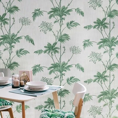 Papel pintado texturizado verde blanco roto floral hojas de plátano imitación tela de hierba Foto 1 de 4