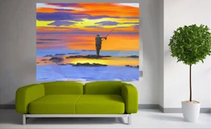 Pintura Pesca Pescador Arte Firmado Puesta de sol Bush Lienzo Australia Océano - Imagen 1 de 8