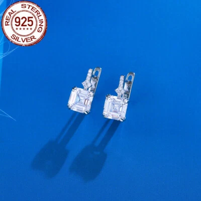 Sterling Silber 925 Solide CZ Braut Hochzeit Asscher Square Cut Creolen Hoops - Bild 1 von 4