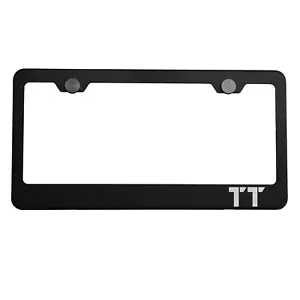 Matte Black License Plate Frame Silver TT Laser Etched Metal Screw Cap - Foto 1 di 8