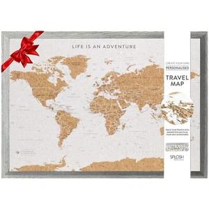 World Map Pin Board, Large Cork Board with 100 Pins - Grey Wooden Frame - Picture 1 of 1