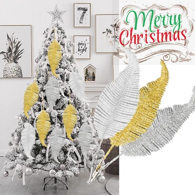 6PCS GLITTER FEATHERS CLIP ON 22CM CHRISTMAS TREE DECS BAUBLES - Image 1 of 4